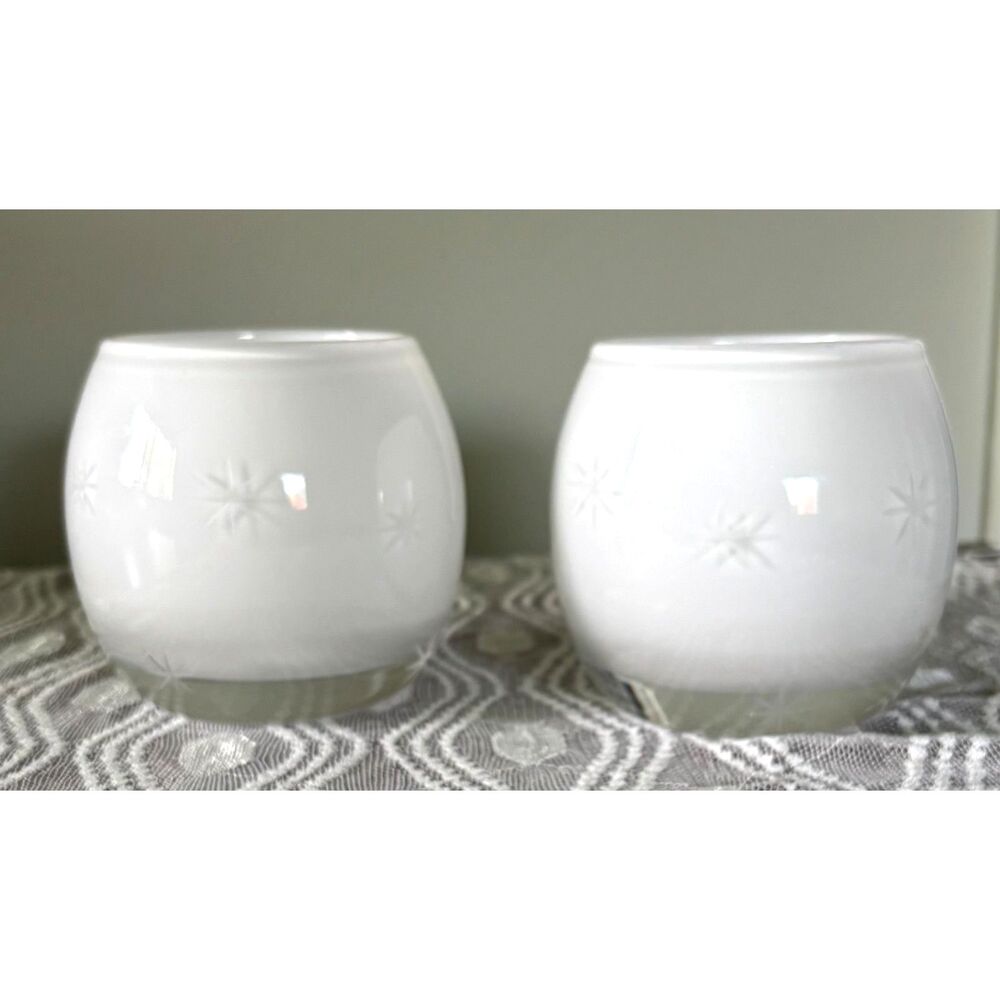 VTG Blown Glass Tealight Holders Set of 2 Frosted White Starburst Etched Poland